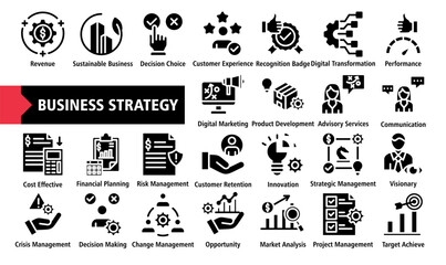 Business Strategy web icon set vector illustration. Containing Sustainable Business, Revenue, Customer Experience, Decision Choice, Digital Transformation, Strategic Management, Simple flat vector.