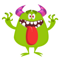 Fototapeta premium Cartoon happy monster with long tongue sticking out of the mouth. Vector illustration isolated on white. For Halloween party or package design