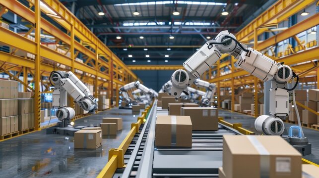 An automated warehouse with robotic arms sorting packages efficiently - Powered by Adobe