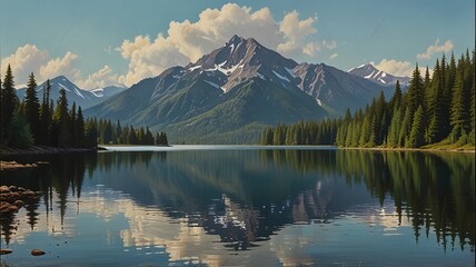 A painting of a mountain lake with a mountain