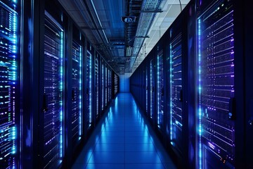 Supercomputer capable of advancing scientific research, Rows of servers in a large data center room, AI generated