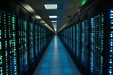 Obraz premium Supercomputer capable of advancing scientific research, Rows of servers in a large data center room, AI generated