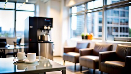 Office Break Room Blur - A cozy office break room with seating and a coffee machine, out of focus.

