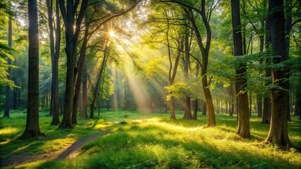 A tranquil forest clearing with dappled sunlight filtering through the trees, nature, serenity, peaceful, foliage, trees
