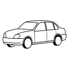 Simple black and white line drawing of a modern sedan car