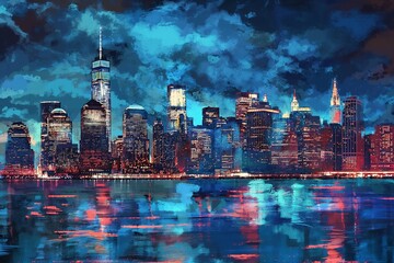 Vibrant New York City skyline at night with colorful reflections on the water and iconic skyscrapers.