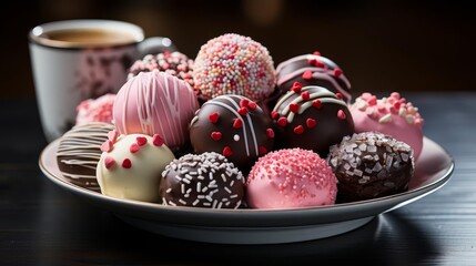 Assorted colorful cake pops on a plate with a cup of coffee, perfect for a delightful dessert treat or sweet indulgence.