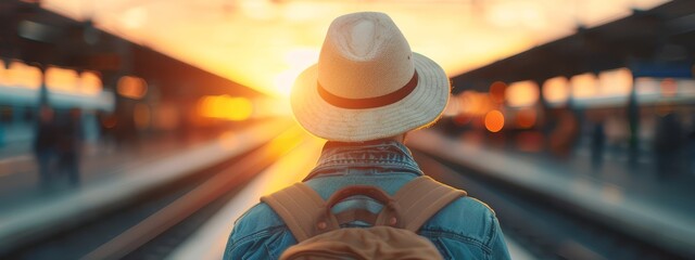  Person at train station, backpack in hand, hat on head, sun setting behind