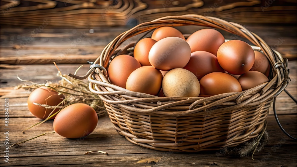 Sticker A close-up shot of a rustic basket filled with fresh eggs , basket, eggs, farm, organic, fresh, natural, healthy, food