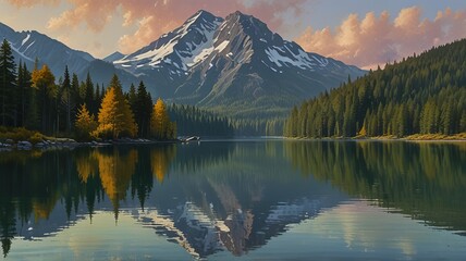 A painting of a mountain lake with a mountain