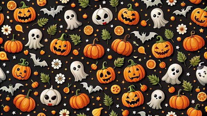 A spooky and festive Halloween seamless background filled with pumpkins, ghosts, bats, and skulls, Halloween, seamless, background