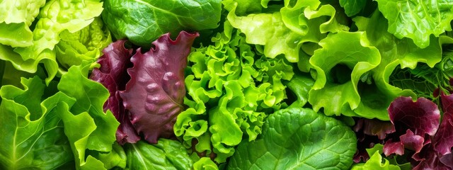  A tight shot of red and green lettuce leaves against a backdrop of deeper red lettuce