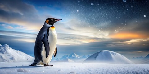 Fototapeta premium A penguin standing on the snow in a wintry landscape, penguin, snow, winter, cold, wildlife, Antarctic, nature, fluffy