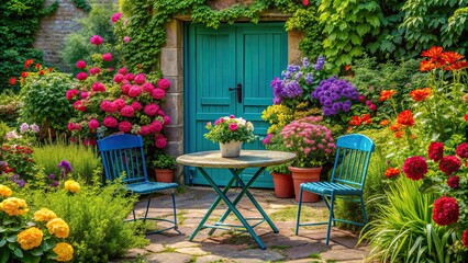 Fototapeta premium A vibrant garden scene featuring a table and chairs, surrounded by colorful flowers and a blue door, garden, table, chairs