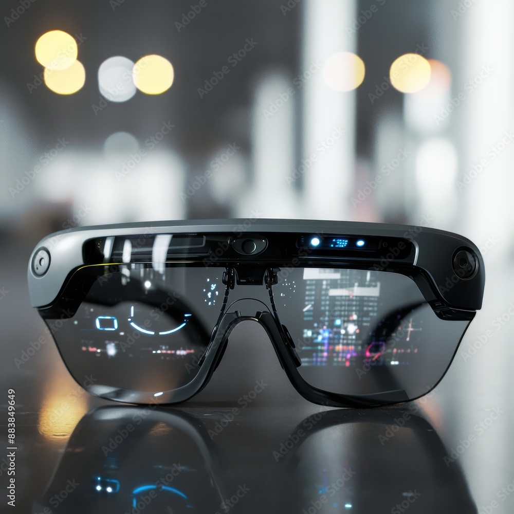 Poster eyeglasses featuring a built-in computer display on the lenses, smart glasses with augmented reality