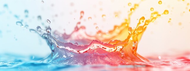  A tight shot of water droplets splashing against a blue-red mosaic, beneath a tranquil light blue sky