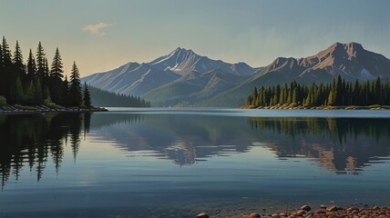 Naklejka premium A painting of a mountain lake with a mountain