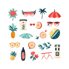 minimalistic set of summer illustration objects on a white background