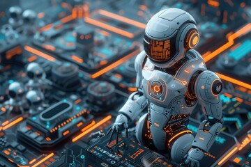 Fototapeta premium Illustration style brief in 3D vectors of people interacting with AI assistants and robots, with realistic shading, bright colors, and futuristic elements, white background, 3D Rendering, isometric