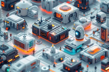 Illustration style brief in 3D vectors of people interacting with AI assistants and robots, with realistic shading, bright colors, and futuristic elements, white background, 3D Rendering, isometric