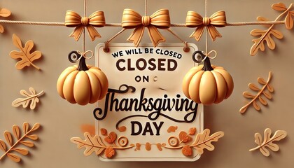 Happy Thanksgiving Day greeting card with he text We will be closed on Thanksgiving Day and autumn leaves