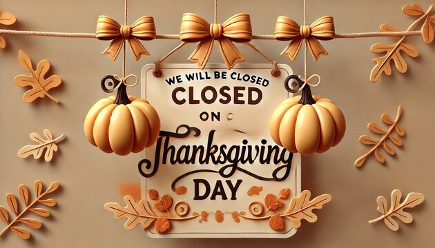 Happy Thanksgiving Day greeting card with he text We will be closed on Thanksgiving Day and autumn leaves