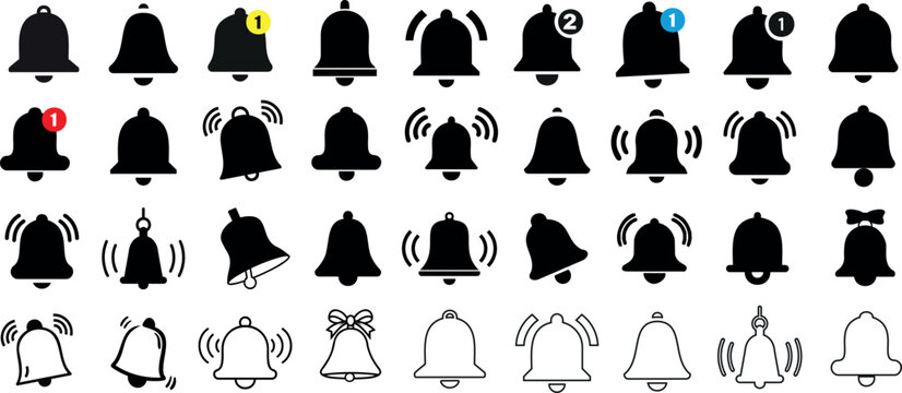Notification icons, bell icon alert symbols, sound alert icons, notification badges, alert notifications, bell vector with badge, sound wave icons, alert ringing bells icon set