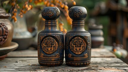  Two bottles of wine on a wooden table.