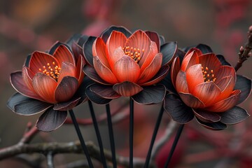 Fototapeta premium A trio of red lotus flowers in full bloom on a branch.
