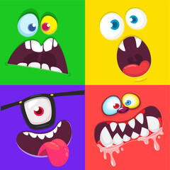 Cartoon monsters and aliens faces set with funny expressions and opened mouth blank space for text. Great for package design or party decoration. Vector isolated