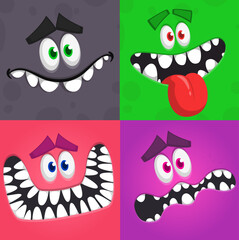 Cartoon monsters and aliens faces set with funny expressions and opened mouth blank space for text. Great for package design or party decoration. Vector isolated
