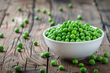 Bowl of green peas on wooden table. Generative AI