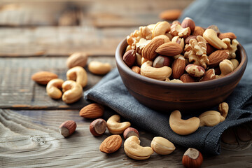 Varieties of mixed nuts in a bowl with some of them scattered on wooden table. Generative AI