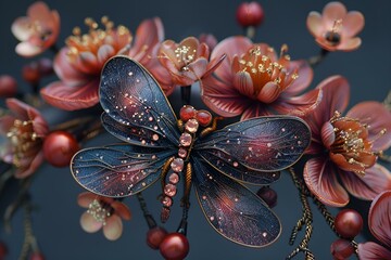 Fototapeta premium Delicate dragonfly gracefully perched on vibrant flower headpiece.