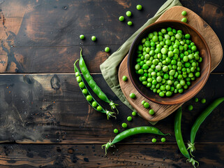 Top view of green peas in a bowl with some peas scattered around. Generative AI
