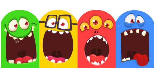 Cartoon monsters and aliens faces set with funny expressions and opened mouth blank space for text. Great for package design or party decoration. Vector isolated