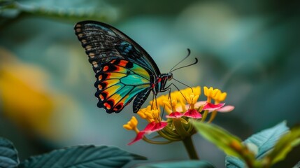 Fototapeta premium A colorful butterfly perched delicately on a flower petal