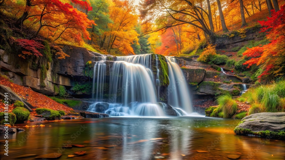 Wall mural A peaceful waterfall surrounded by vibrant autumn foliage, waterfall, autumn, forest, nature, scenic, serene, tranquil