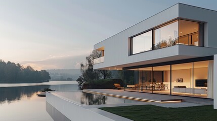 Obraz premium A minimalist modern home with large windows overlooking a serene lake