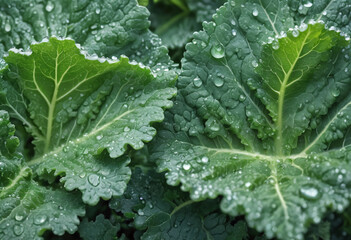 Fresh kale leaf with morning dew, vibrant green vegetable closeup