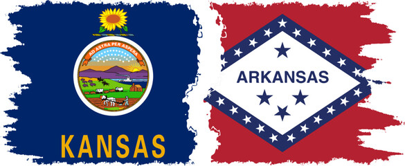 Arkansas and Kansas states grunge brush flags connection, vector