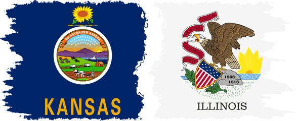 Illinois and Kansas states grunge brush flags connection, vector