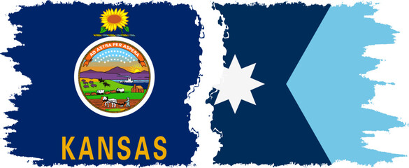 Minnesota 2024 and Kansas states grunge brush flags connection, vector