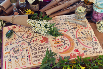 Mystic still life with magic book of spells, healing herbs and witchy ritual objects on old table....