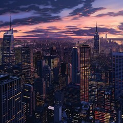 Beautiful evening skyline of New York City, showcasing the cityscape with a dramatic sunset in the background.