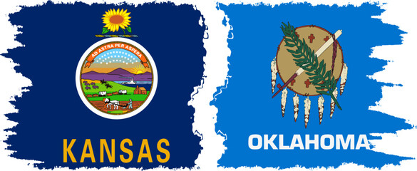 Obraz premium Oklahoma and Kansas states grunge brush flags connection, vector