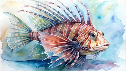 Fototapeta premium Detailed watercolor portrait of a lionfish with its spines extended.