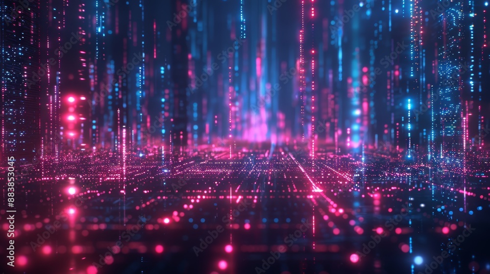 Poster data streams in a futuristic 3d world. tech for moving data. cyberpunk, lots of data, and safe onlin