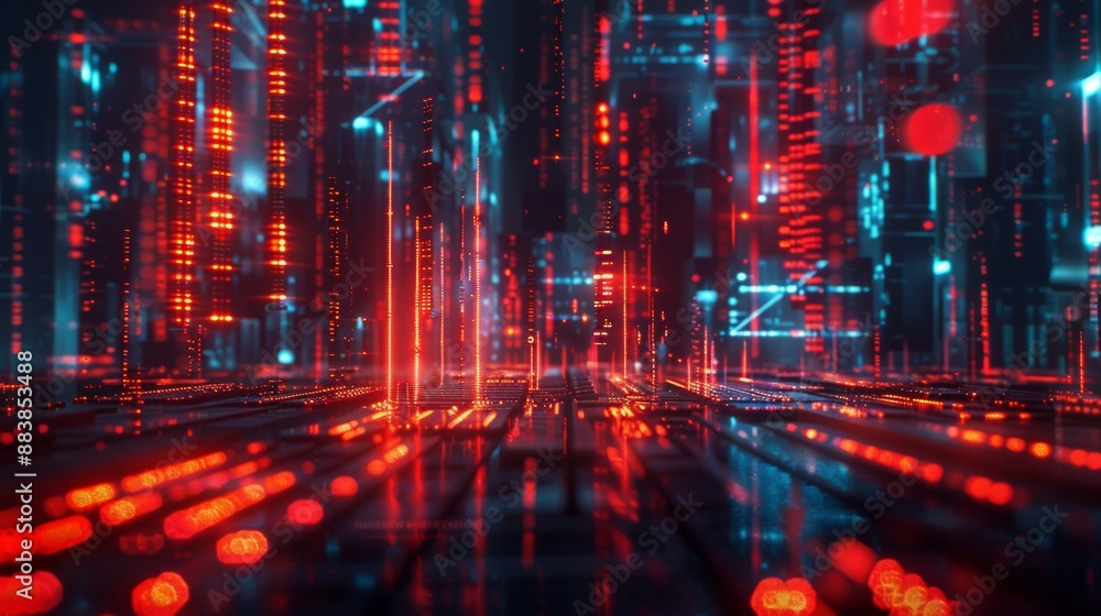 Poster data streams in a futuristic 3d world. tech for moving data. cyberpunk, lots of data, and safe onlin