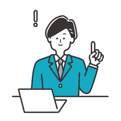 デスクでポイントを指差しで説明をするビジネスパーソン（スーツの男性）のイラスト素材
